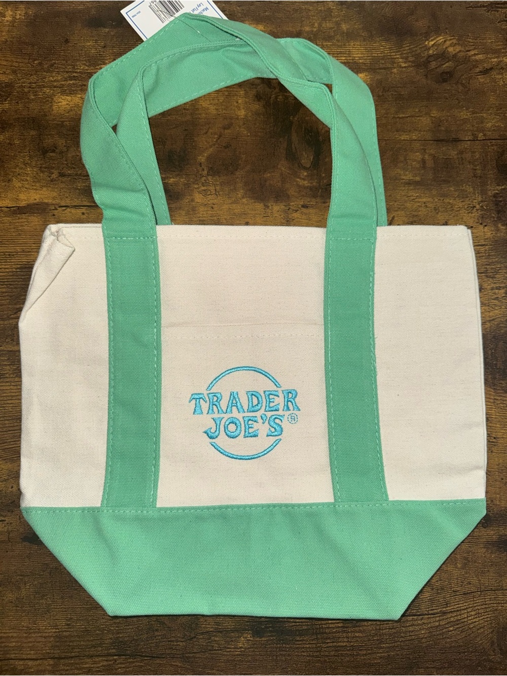 NEW WITH TAGS TRADER JOES MINI TOTE CANVAS BAGS IN GREEN & CREAM